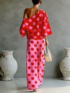 Retro Pink Polka Dot Off-shoulder Top And Wide-leg Pants Two-piece Set