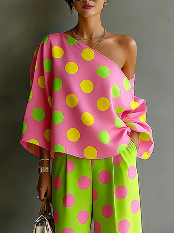 Colorful Polka Dot off-shoulder Top And Wide-leg Pants Two-piece Set