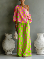 Colorful Polka Dot off-shoulder Top And Wide-leg Pants Two-piece Set