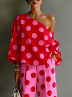 Retro Pink Polka Dot Off-shoulder Top And Wide-leg Pants Two-piece Set