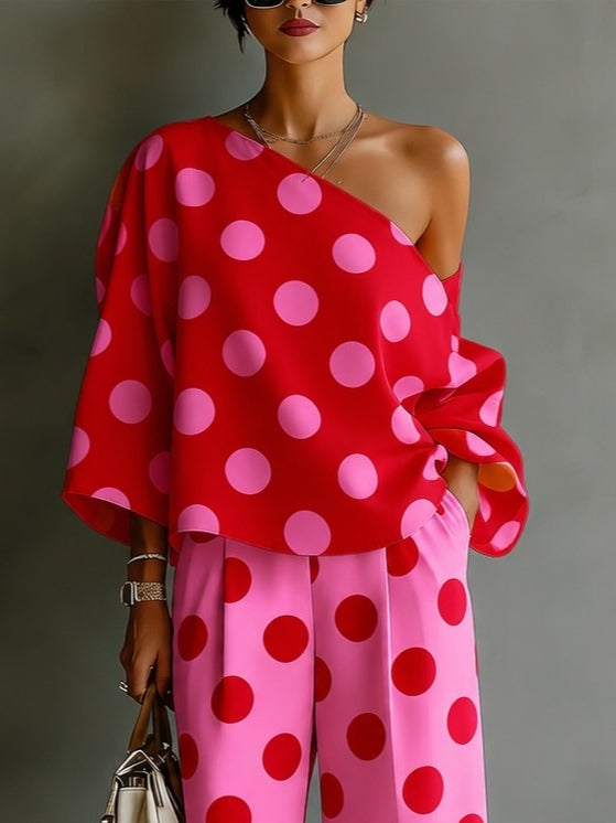 Retro Pink Polka Dot Off-shoulder Top And Wide-leg Pants Two-piece Set