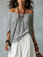 Grey Off-shoulder Top And White Loose-fitting Lantern Pants Suit