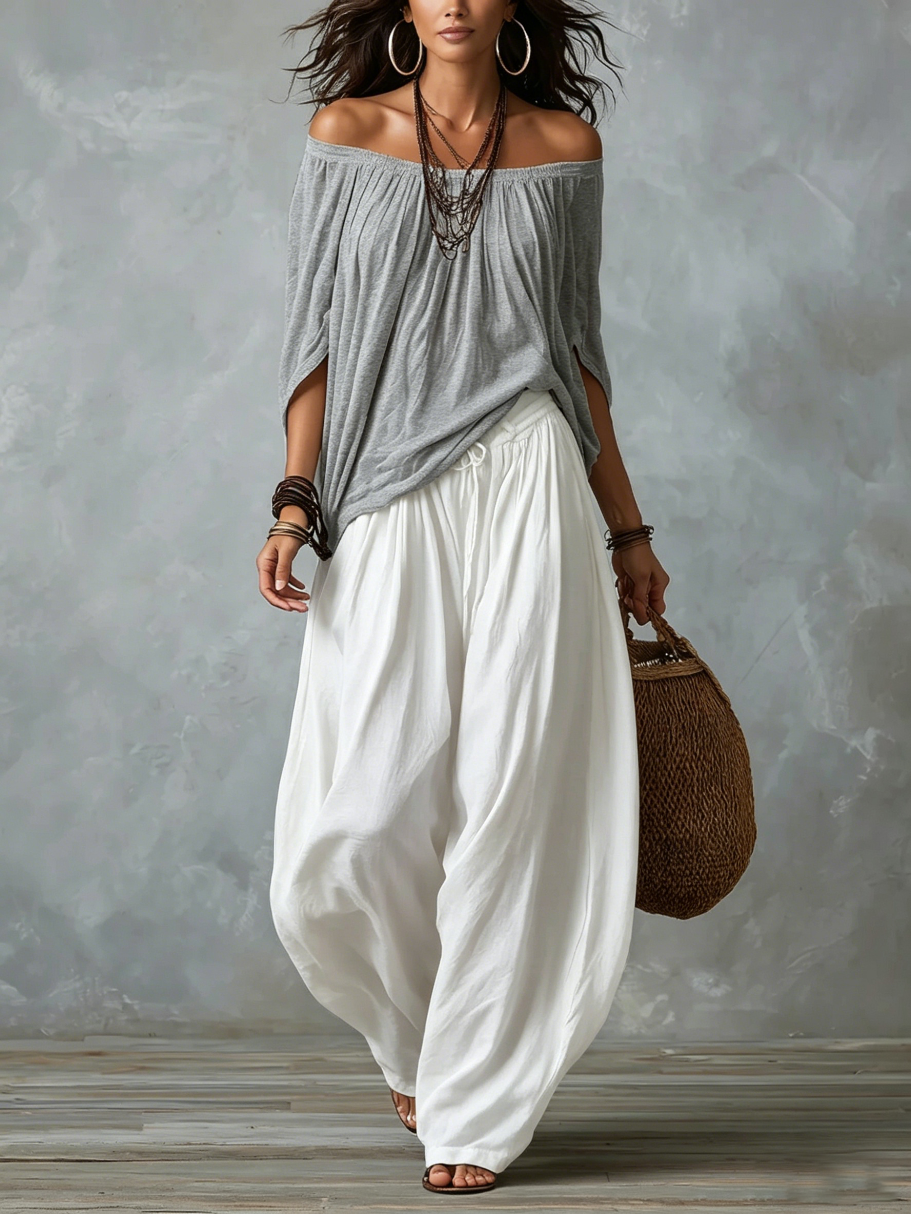 Grey Off-shoulder Top And White Loose-fitting Lantern Pants Suit