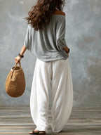 White Off-the-shoulder Top And Loose-fitting Lantern Pants Set