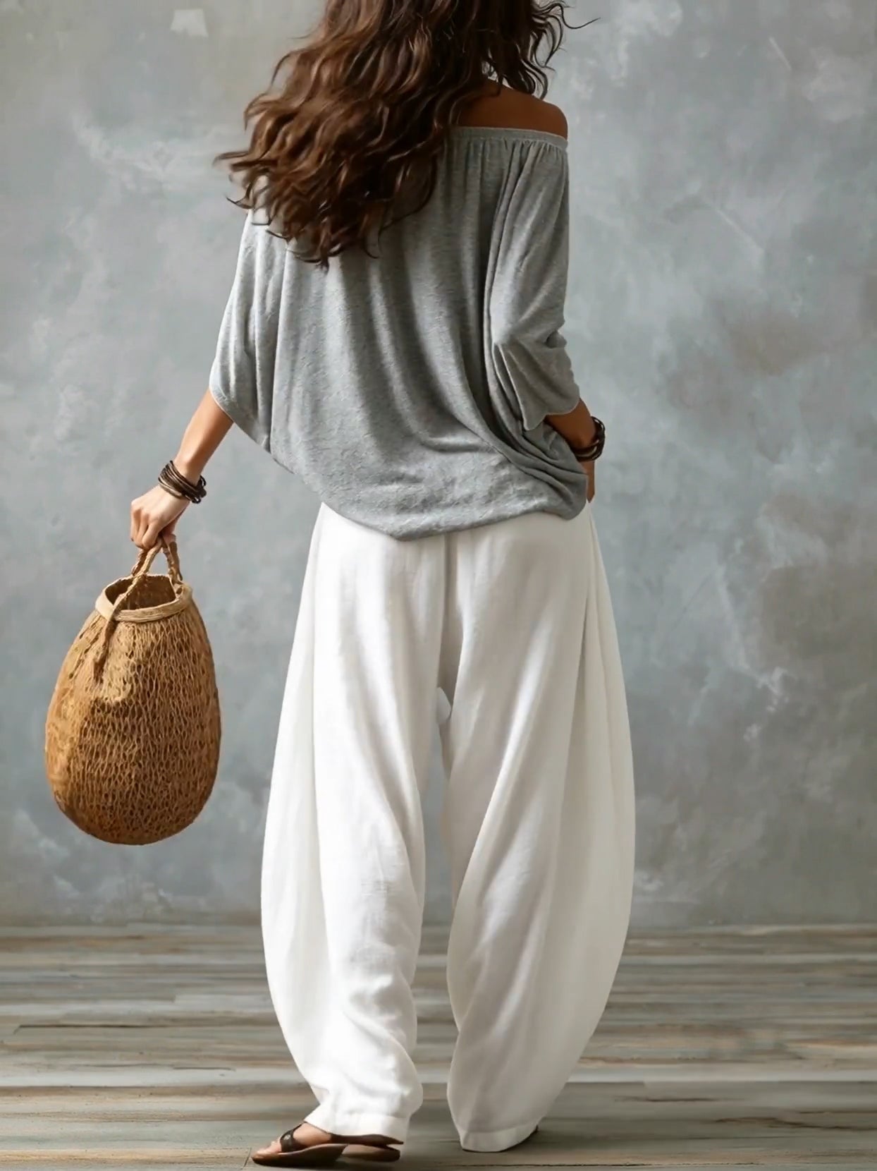 White Off-the-shoulder Top And Loose-fitting Lantern Pants Set