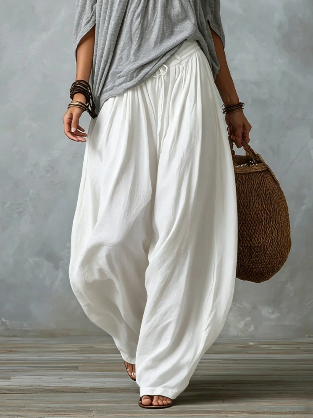 White Off-the-shoulder Top And Loose-fitting Lantern Pants Set