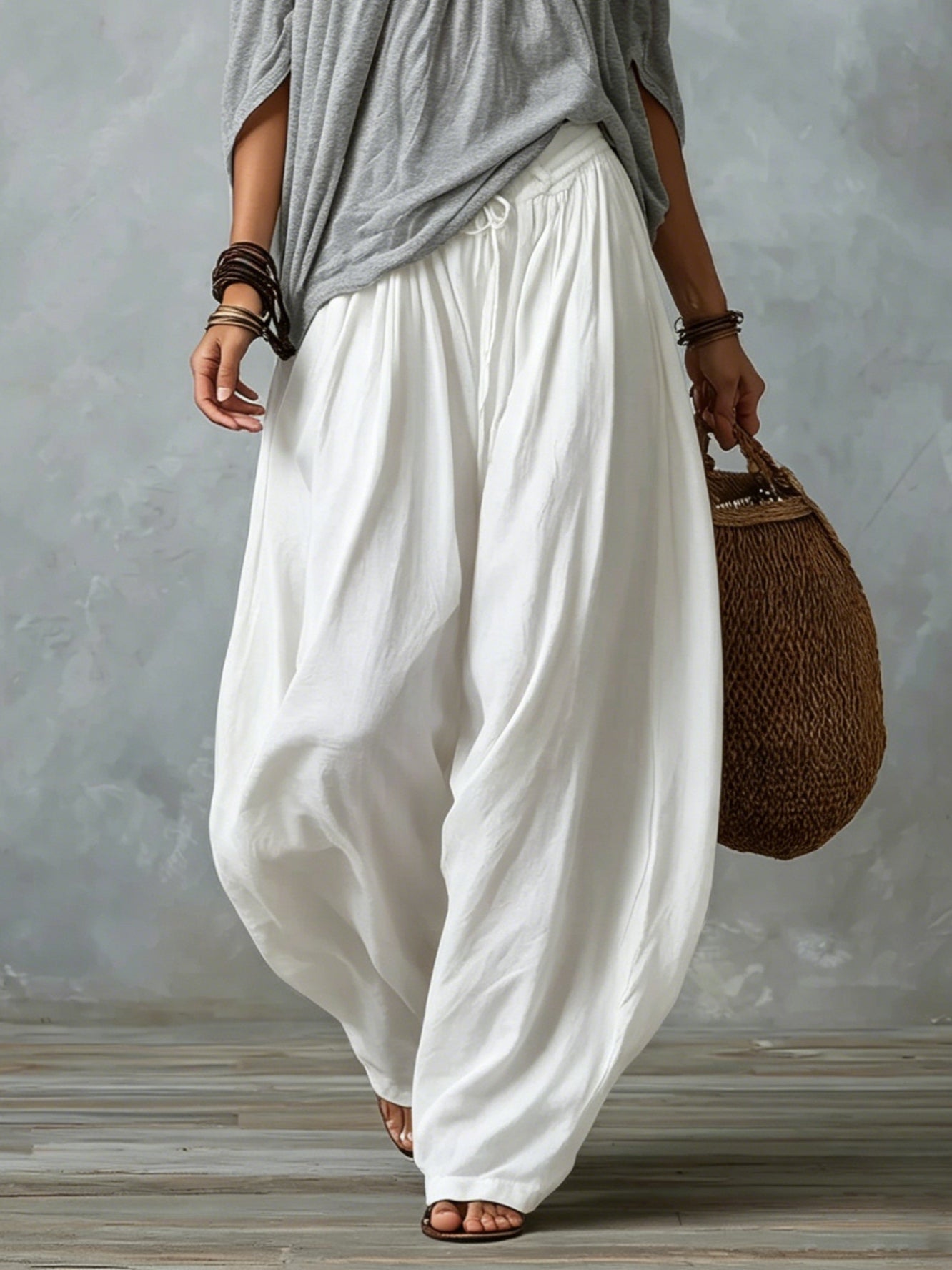 White Off-the-shoulder Top And Loose-fitting Lantern Pants Set