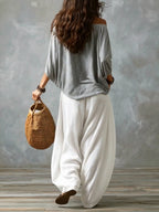 Grey Off-shoulder Top And White Loose-fitting Lantern Pants Suit