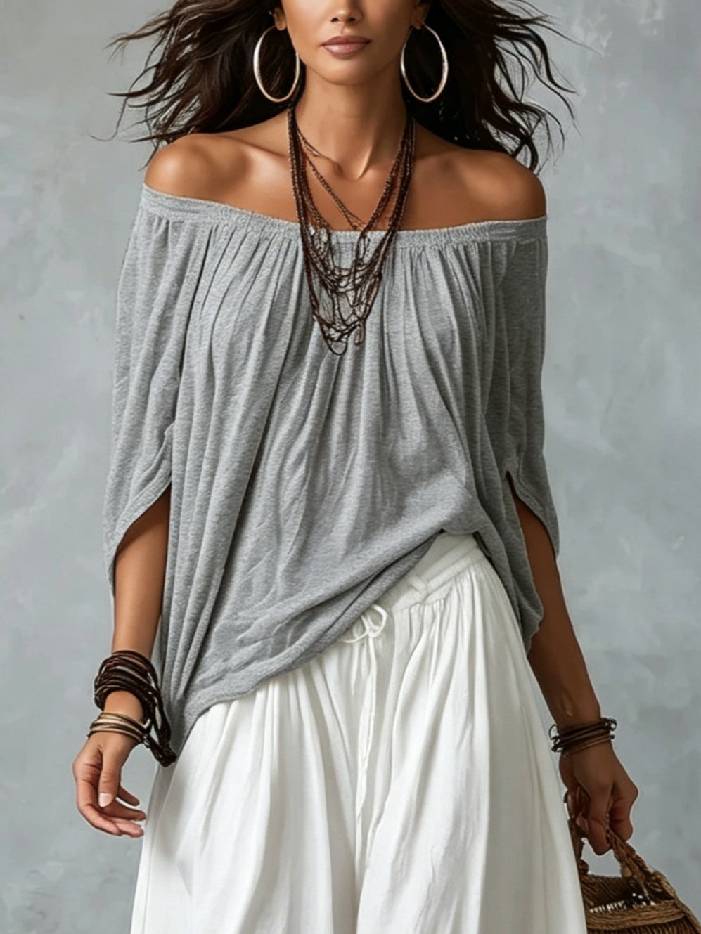 White Off-the-shoulder Top And Loose-fitting Lantern Pants Set