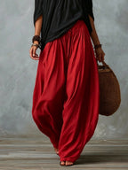 Black Off-shoulder Top And Red Loose-fitting Lantern Pants Suit