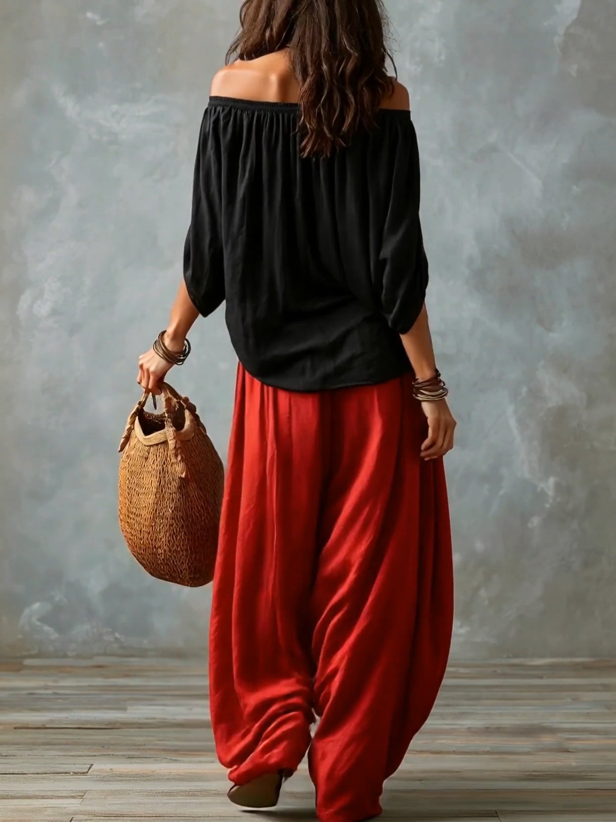 Black Off-shoulder Top And Red Loose-fitting Lantern Pants Suit