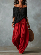 Black Off-shoulder Top And Red Loose-fitting Lantern Pants Suit