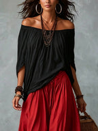 White Off-the-shoulder Top And Loose-fitting Lantern Pants Set