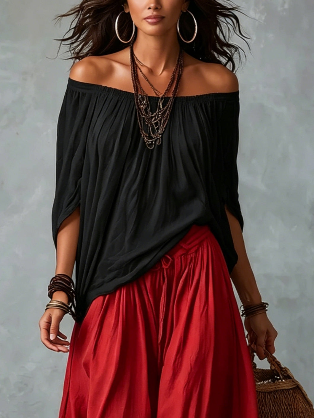 White Off-the-shoulder Top And Loose-fitting Lantern Pants Set