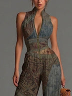 Bohemian Ethnic Print Sleeveless Zipper Pleated Wide-leg Chiffon Jumpsuit