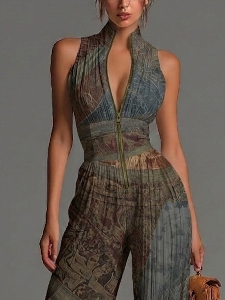 Bohemian Ethnic Print Sleeveless Zipper Pleated Wide-leg Chiffon Jumpsuit