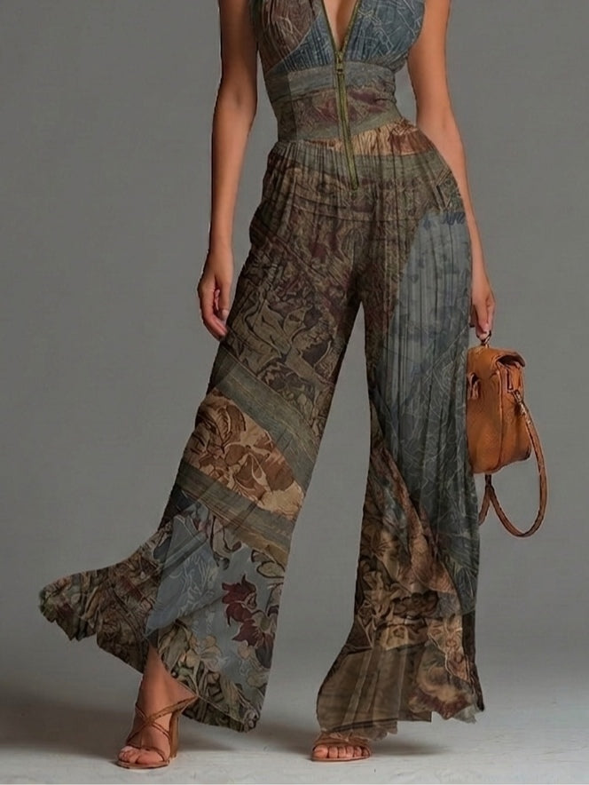 Bohemian Ethnic Print Sleeveless Zipper Pleated Wide-leg Chiffon Jumpsuit