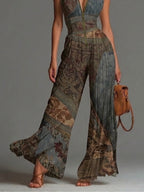 Bohemian Ethnic Print Sleeveless Zipper Pleated Wide-leg Chiffon Jumpsuit