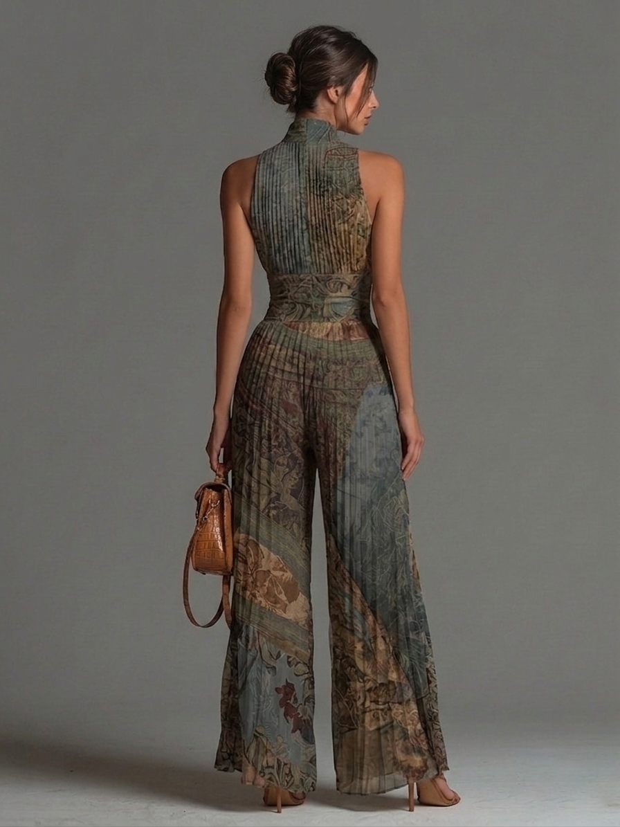 Bohemian Ethnic Print Sleeveless Zipper Pleated Wide-leg Chiffon Jumpsuit