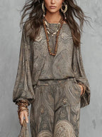 Grey Paisley Patterned Lantern Sleeve Top And Wide-leg Trousers Suit