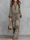 Grey Paisley Patterned Lantern Sleeve Top And Wide-leg Trousers Suit
