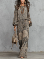Grey Paisley Patterned Lantern Sleeve Top And Wide-leg Trousers Suit
