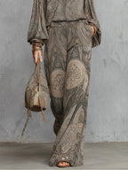 Grey Paisley Patterned Lantern Sleeve Top And Wide-leg Trousers Suit
