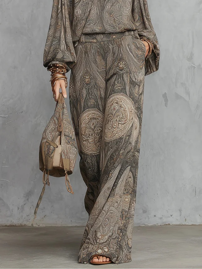 Grey Paisley Patterned Lantern Sleeve Top And Wide-leg Trousers Suit