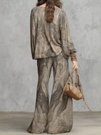 Grey Paisley Patterned Lantern Sleeve Top And Wide-leg Trousers Suit