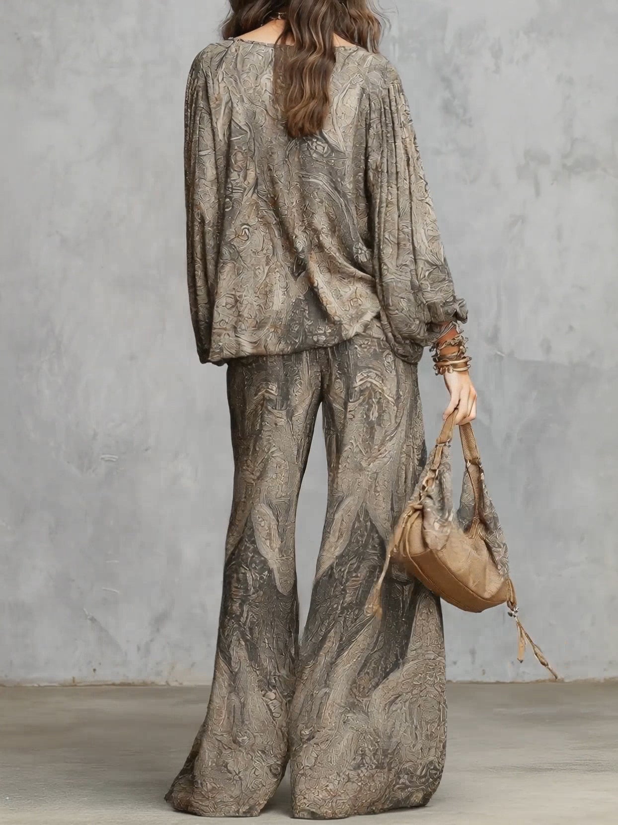 Grey Paisley Patterned Lantern Sleeve Top And Wide-leg Trousers Suit