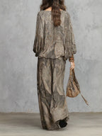 Grey Paisley Patterned Lantern Sleeve Top And Wide-leg Trousers Suit