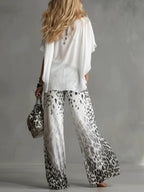Flowy White T-shirt And Leopard Print Chiffon Pants Set
