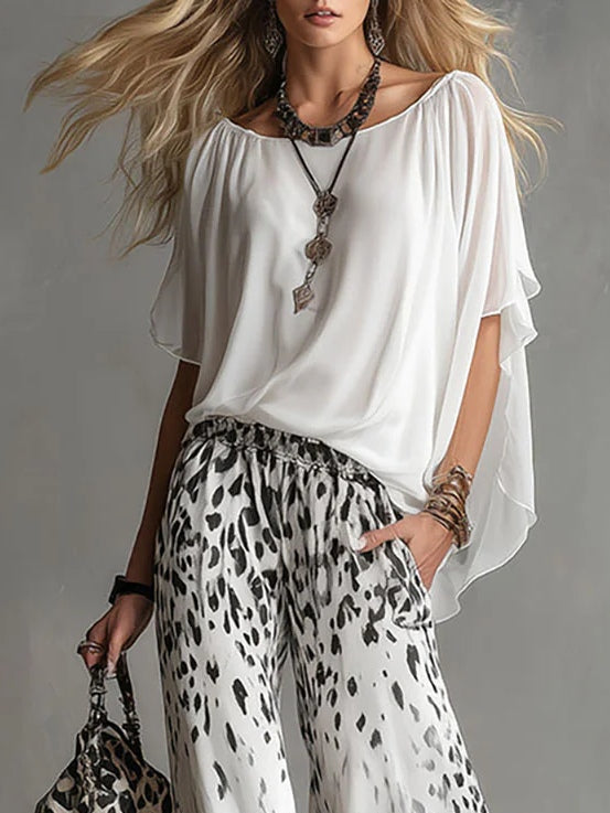 Flowy White T-shirt And Leopard Print Chiffon Pants Set