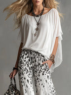 Flowy White T-shirt And Leopard Print Chiffon Pants Set