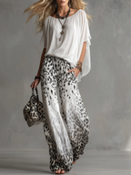 Flowy White T-shirt And Leopard Print Chiffon Pants Set