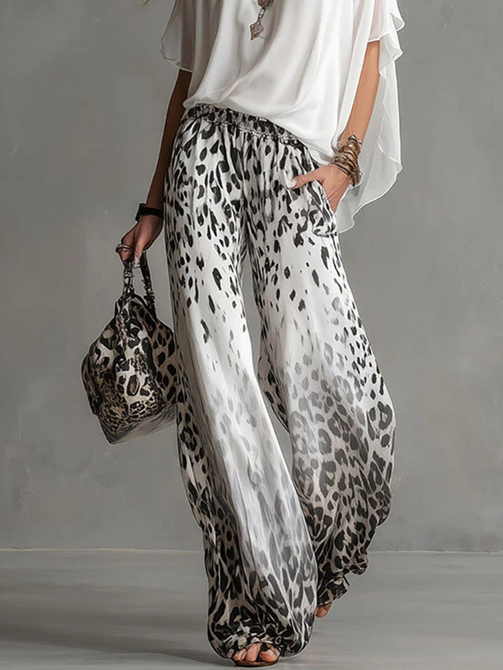 Flowy White T-shirt And Leopard Print Chiffon Pants Set