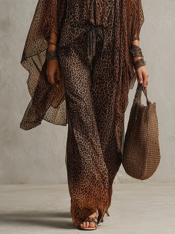 Bohemian Gradient Leopard Print Flowing Robe Three-piece Set