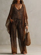 Bohemian Gradient Leopard Print Flowing Robe Three-piece Set