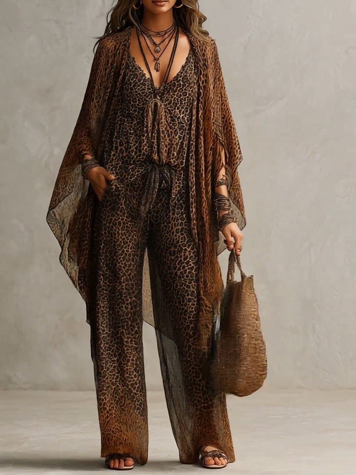 Bohemian Gradient Leopard Print Flowing Robe Three-piece Set