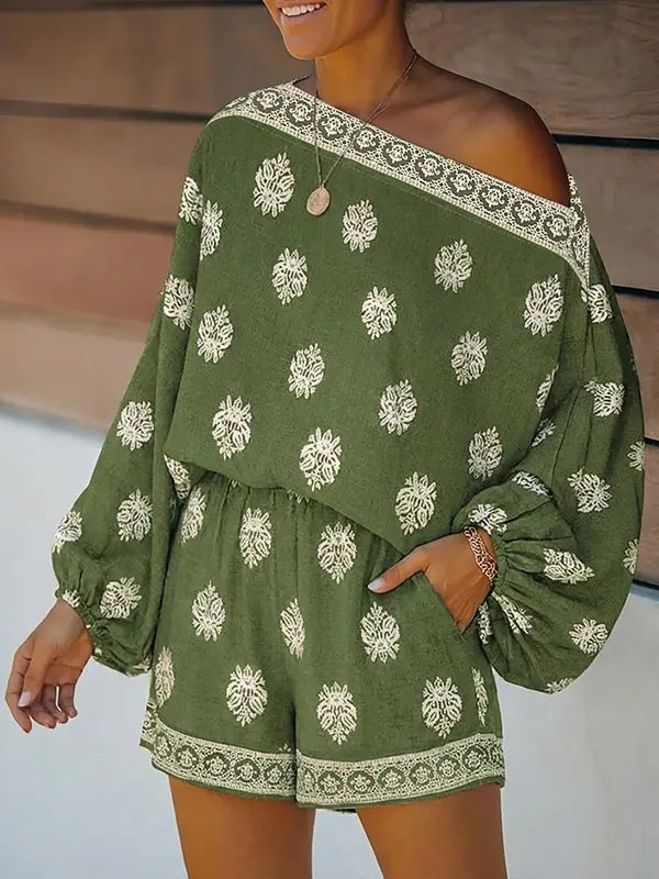 Baroque Print Off-Shoulder Lantern Sleeve Shorts Jumpsuit