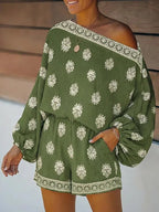 Baroque Print Off-Shoulder Lantern Sleeve Shorts Jumpsuit