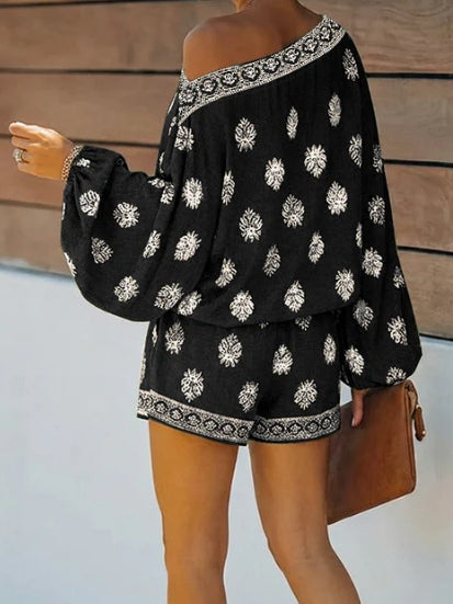 Baroque Print Off-Shoulder Lantern Sleeve Shorts Jumpsuit