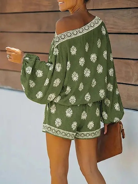Baroque Print Off-Shoulder Lantern Sleeve Shorts Jumpsuit