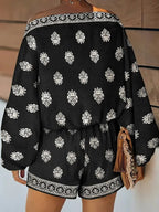 Baroque Print Off-Shoulder Lantern Sleeve Shorts Jumpsuit