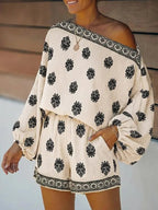 Baroque Print Off-Shoulder Lantern Sleeve Shorts Jumpsuit