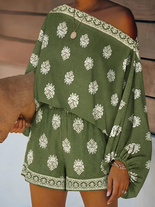 Baroque Print Off-Shoulder Lantern Sleeve Shorts Jumpsuit