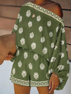 Baroque Print Off-Shoulder Lantern Sleeve Shorts Jumpsuit