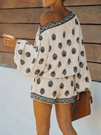 Baroque Print Off-Shoulder Lantern Sleeve Shorts Jumpsuit