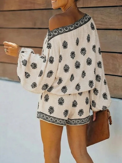 Baroque Print Off-Shoulder Lantern Sleeve Shorts Jumpsuit