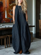Black Sleeveless Faux Linen Balloon Maxi Dress
